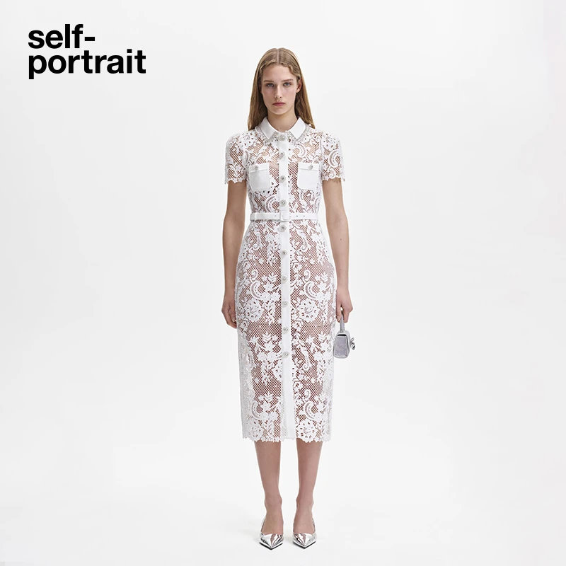 【奥莱】self-portrait 手工定制流光风象牙白蕾丝系领短袖连衣裙