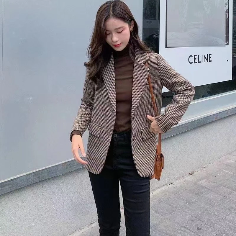 千鸟格西装外套女2023春秋款格子小西服韩版英伦风外套时尚气质