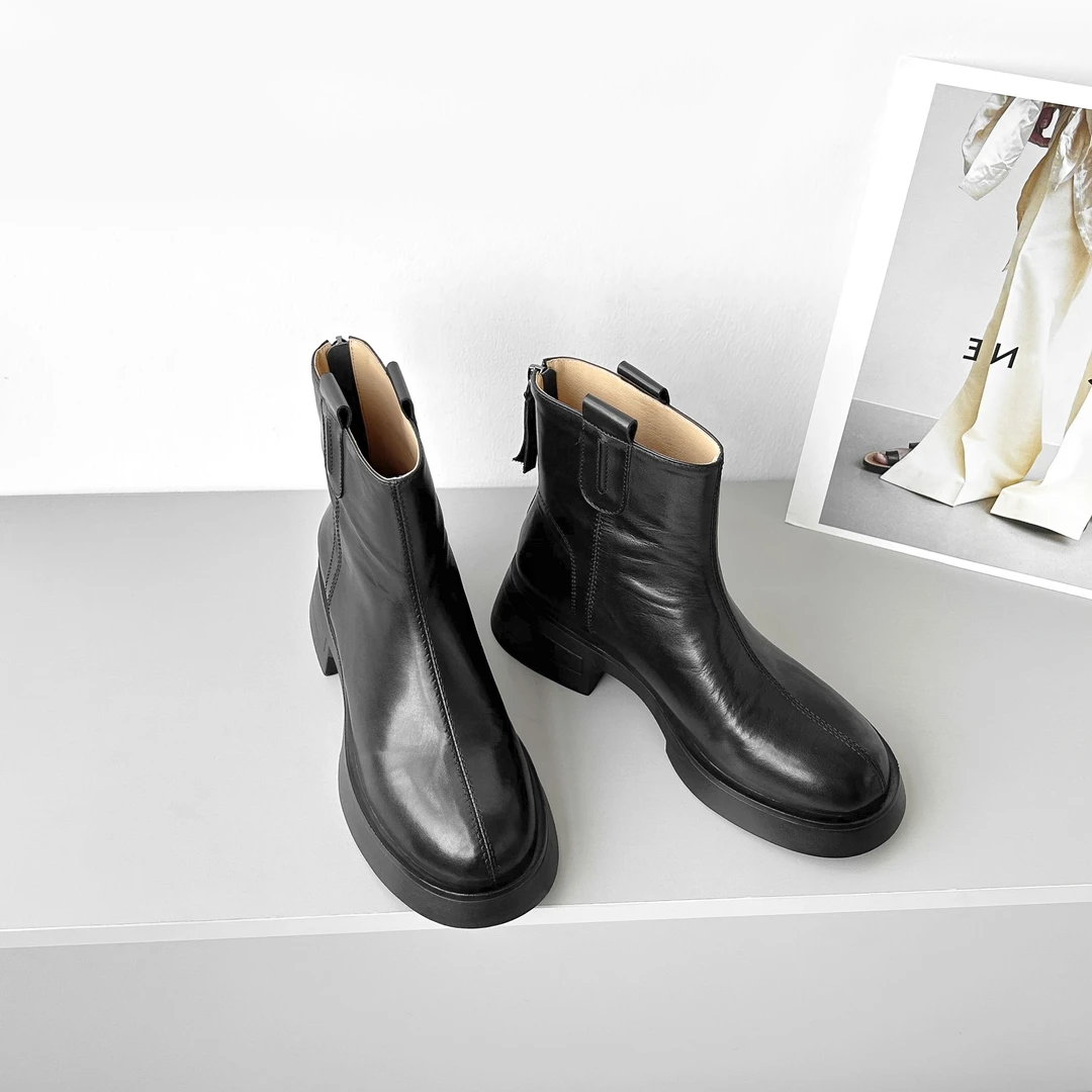 少量现货】ED501C/5cmB牛皮厚底增高短靴女秋冬粗跟及踝马丁靴真皮