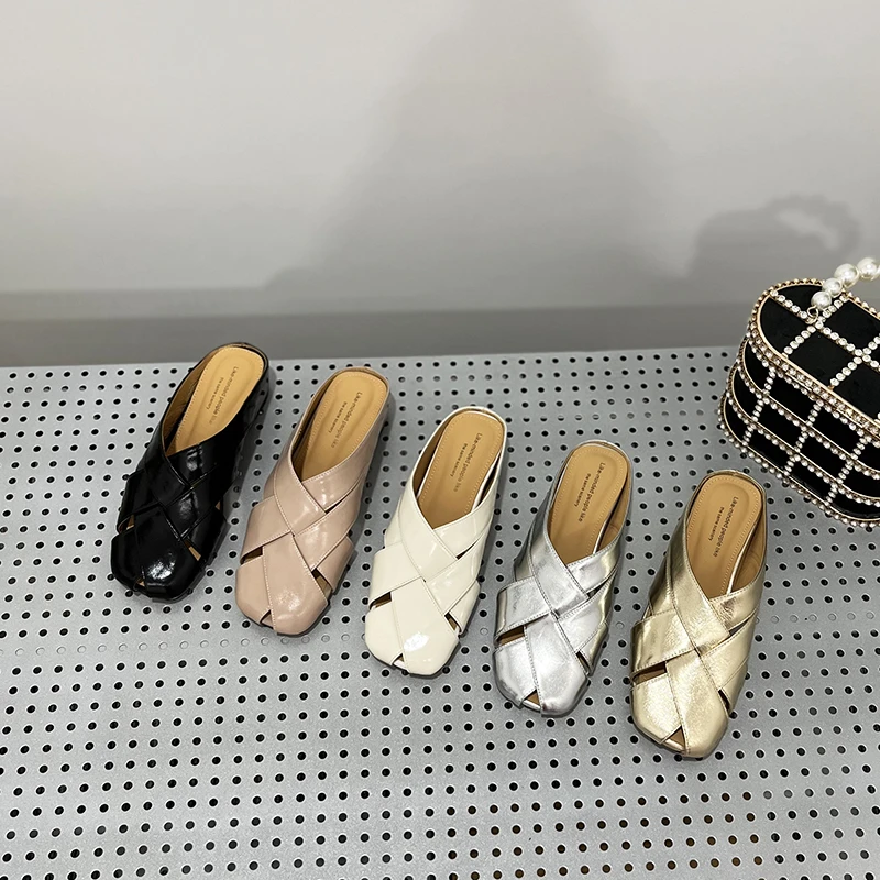 ED880/3.5cm牛皮包头半拖鞋女夏季软底复古平底方头网红凉拖韩版