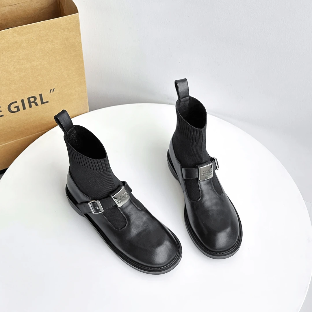 断码~甩~3cm/ED1539牛皮平跟短靴女2024新款显瘦弹力袜靴圆头女靴