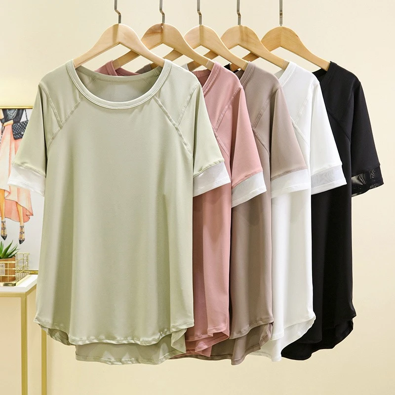 新款宽松速干运动上衣健身服跑步罩衫 网纱透气瑜伽服短袖t恤女