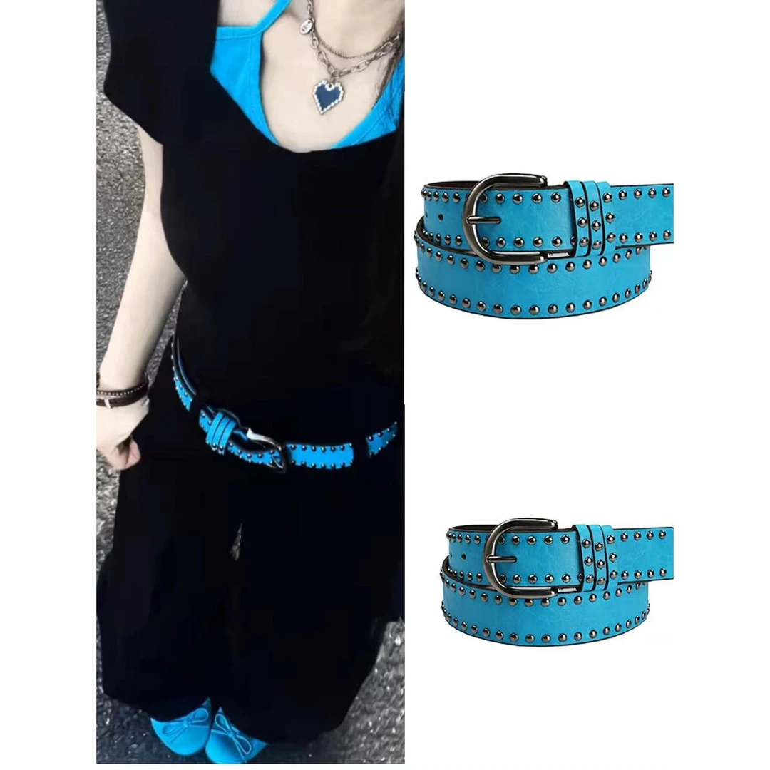 朋克风女士皮带 百搭休闲裤带 女款铆钉时尚蓝色新款潮流腰带