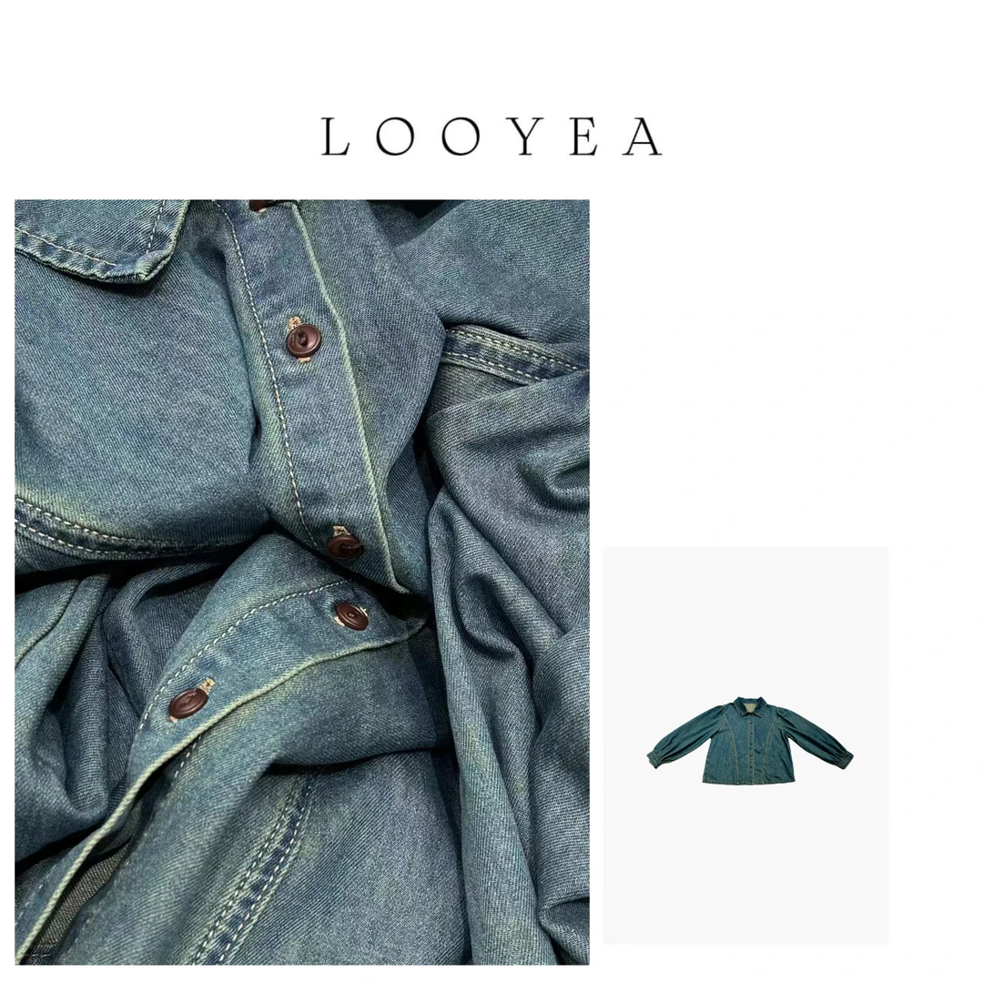 【时髦公式】LOOYEA  法式复古翻领百搭牛仔单排扣外套 6209