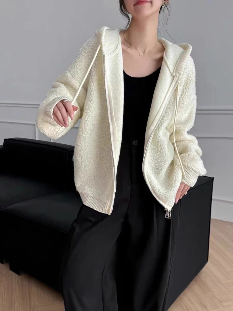 凯颖纯羊毛双头拉链抽绳连帽开衫颗粒感圈圈韩版网红气质700多克