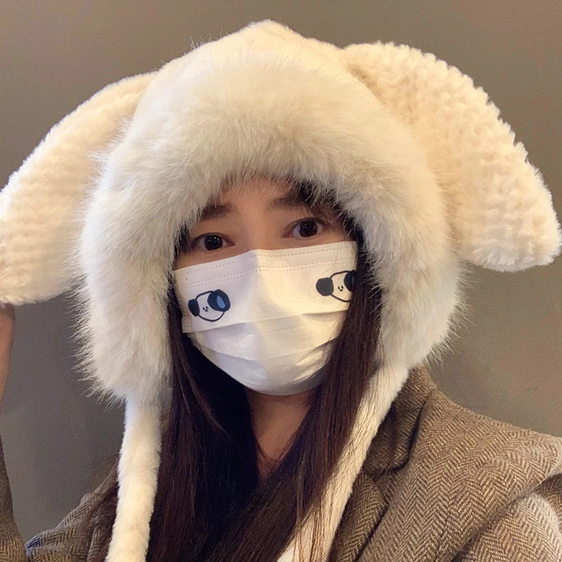 吉野/可爱毛绒兔耳朵帽子女冬季保暖防寒护耳毛线帽加厚雷锋帽包