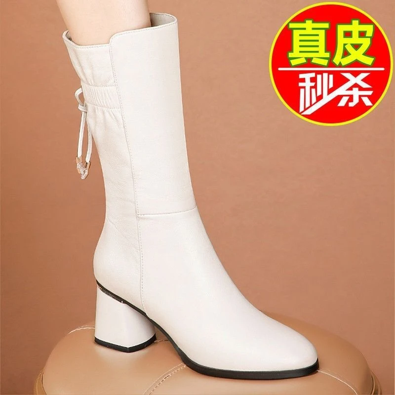 真皮侧拉链高跟中筒靴子2023秋冬新款粗跟时装靴冬季高档加绒女鞋