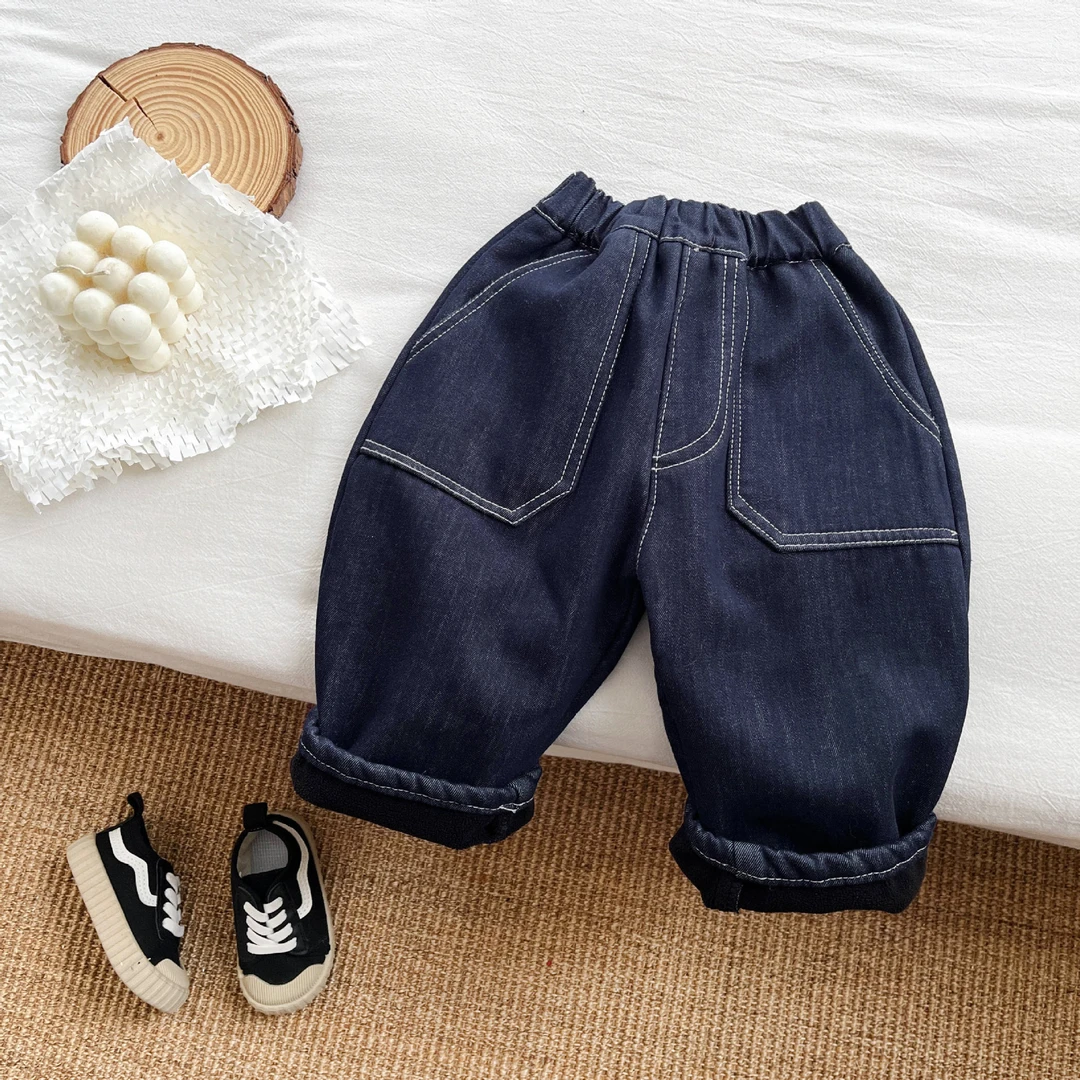 不褪色冬季男女童加绒牛仔裤洋气宝宝百搭加厚保暖防风休闲长裤子