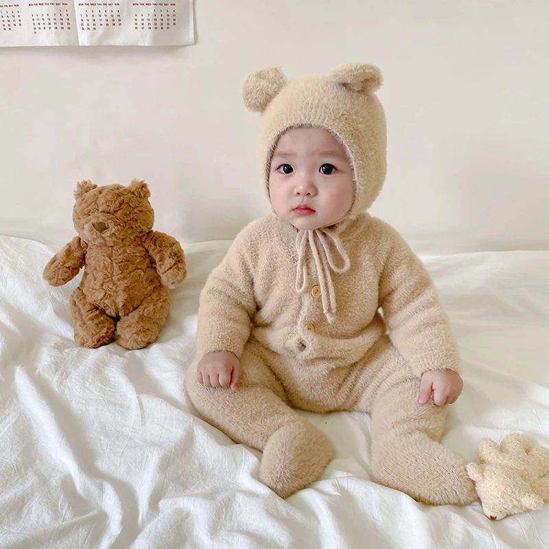 婴儿秋装男女宝宝超萌仿水貂爬服新生儿可爱小熊包脚连体衣哈衣潮