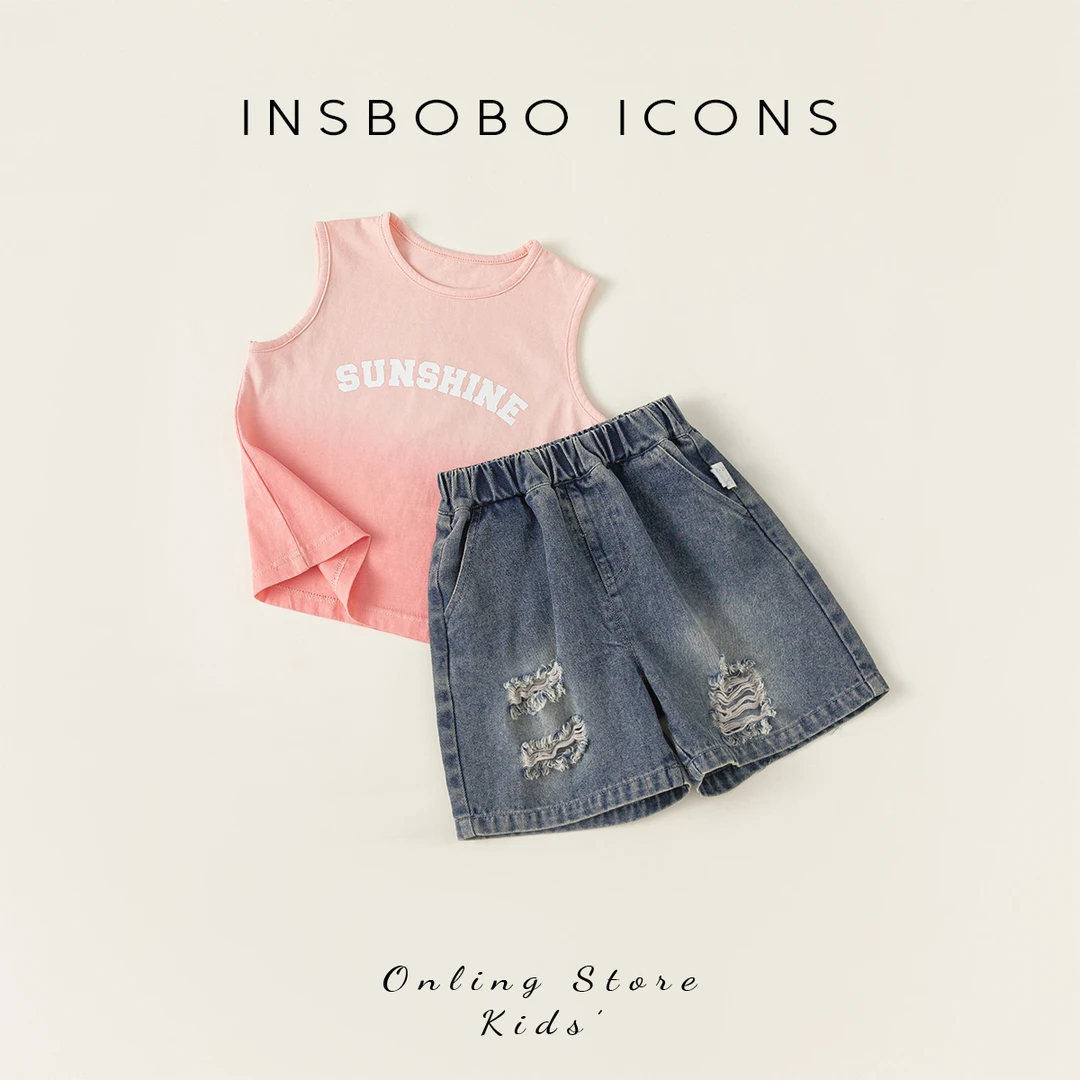 男童夏装新品套装宝宝韩版渐变背心+破洞牛仔裤XT84078