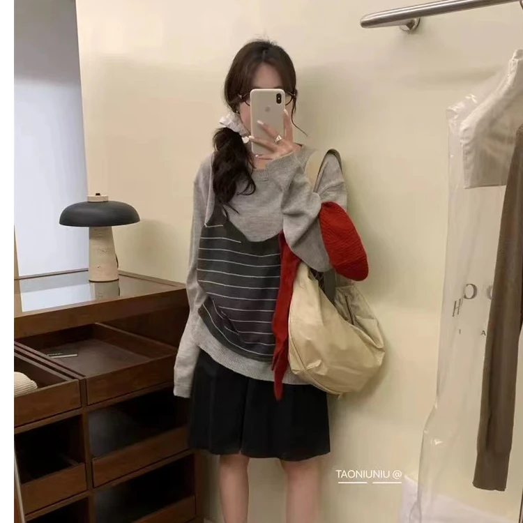 【条纹假两件】孕妇装秋冬韩系百搭宽松毛衣