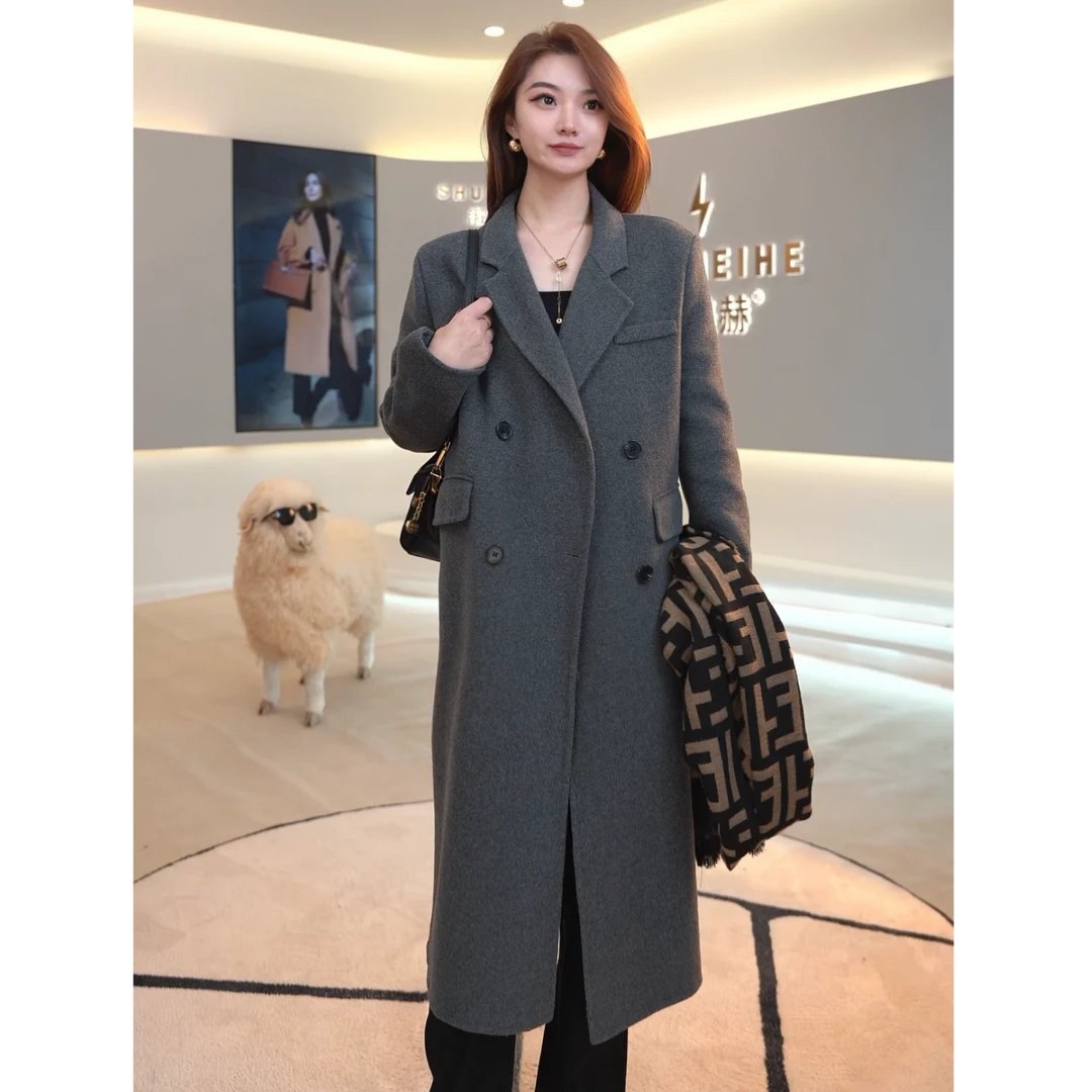 淑美赫双面羊毛大衣女新款中长款高端秋冬季毛呢外套
