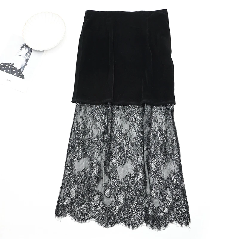 库茵 叭哒不惑 P帘 时尚气质丝绒蕾丝拼接半身裙百搭复古镂空半裙