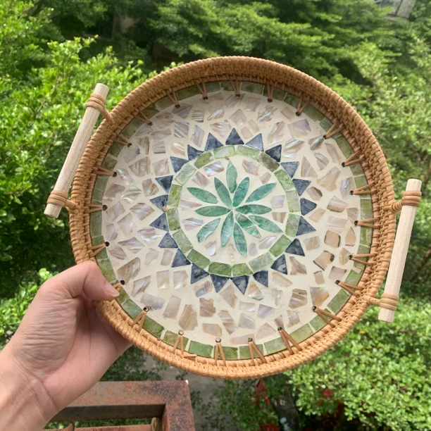 藤编贝壳手工彩贝壳装饰简约波西米亚风圆形直径22cm