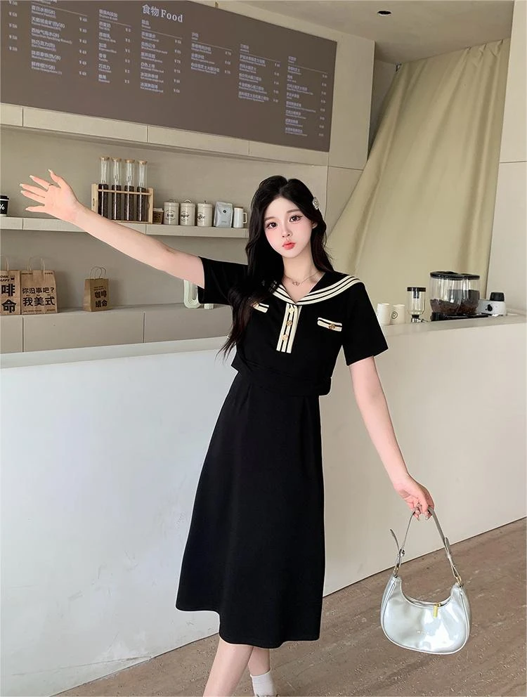 学院风减龄闺蜜装裙子夏季2024新款大码显瘦海军领a字连衣裙胖mm