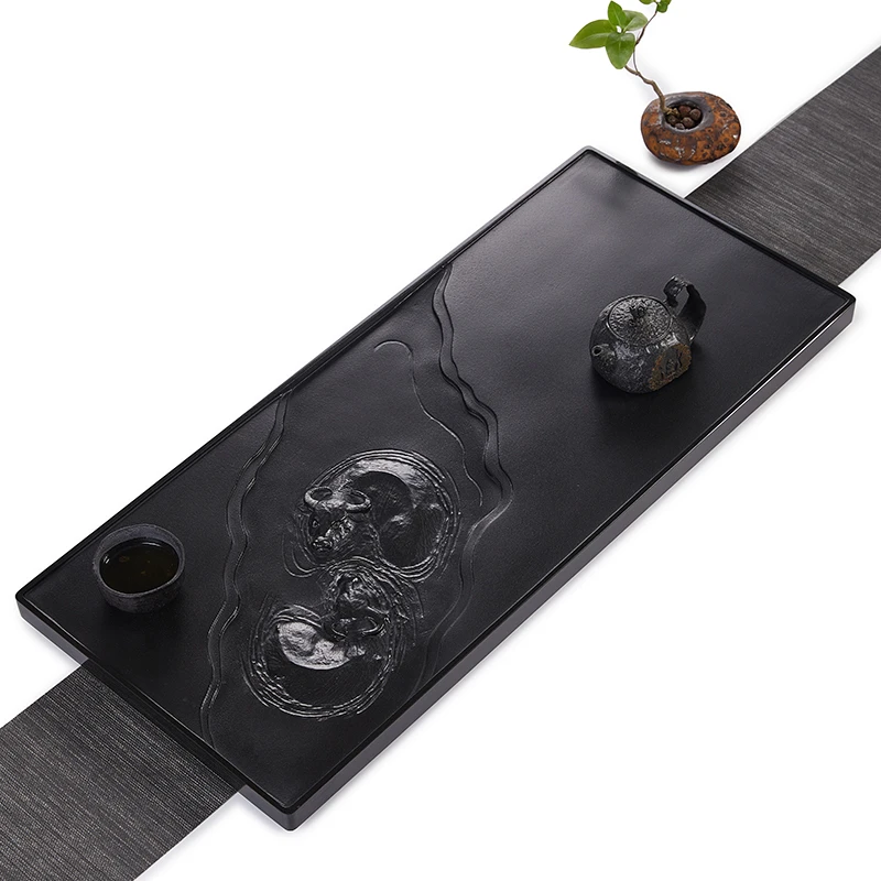 天然乌金石茶盘整块一体浮雕原石小茶台石板高档茶海家用茶具石头