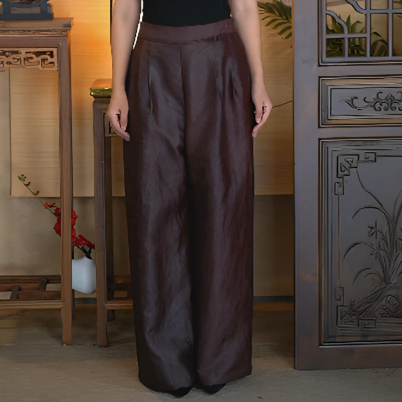 新中式红云纱大皮子高腰松紧腰休闲阔腿棉裤23390