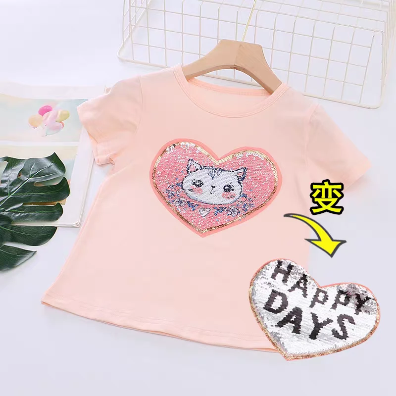 女童亮片可翻转变色t恤短袖纯棉半袖上衣小马独角兽宝宝夏季童装