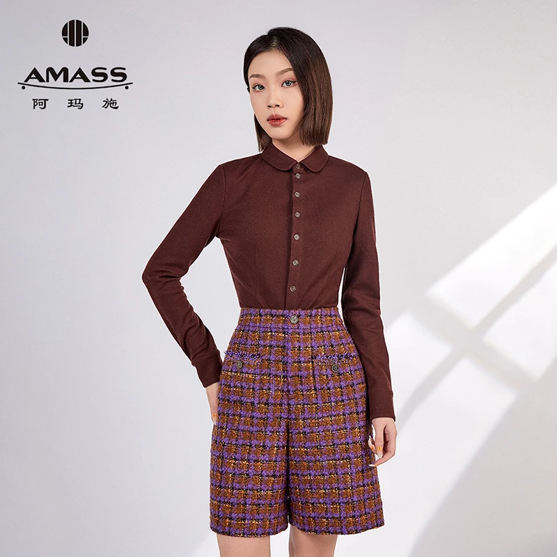 AMASS/阿玛施时尚气质百搭简约纯色羊毛亲肤长袖打底衬衫5300528