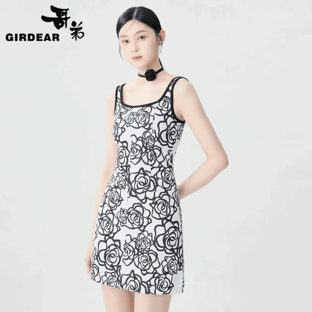 哥弟新款时尚经典绽放系列玫瑰花图案针织提花气质连衣裙1500545