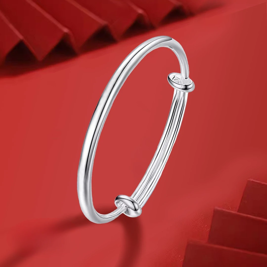 足银手镯 纯银手镯 推拉镯老凤凰珠宝光面经典简约素款镯子礼物