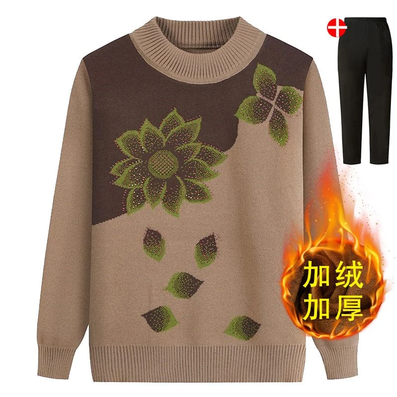 中老年毛衣秋冬女装加绒加厚针织衫大码妈妈装宽松中年打底衫上衣