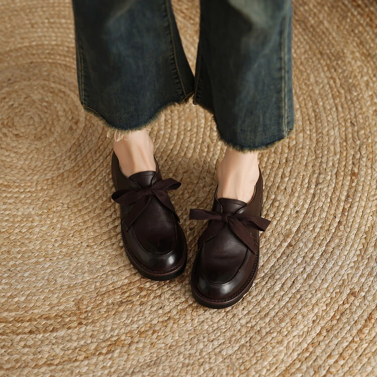 2024年秋冬季复古松糕底水洗牛皮小皮鞋 软皮软底休闲英伦风圆头