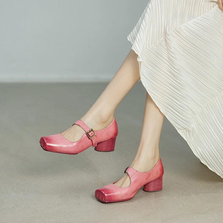 33-40码水洗马皮玛丽珍单鞋 皮质很软~粗跟浅口