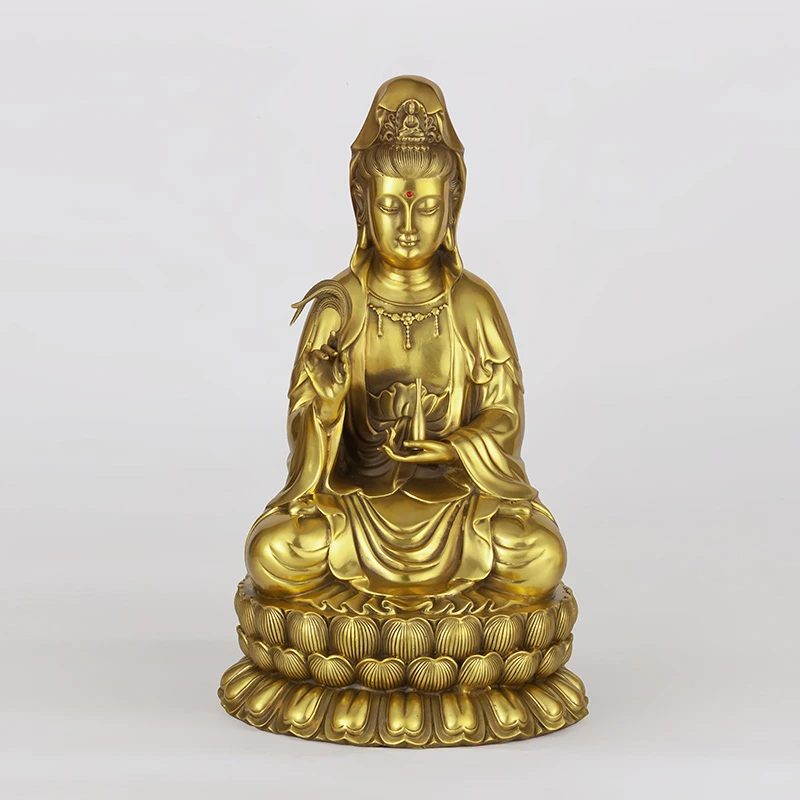 纯黄铜观音佛像摆件家居客厅装饰品观音菩萨工艺品中式莲花铜观音