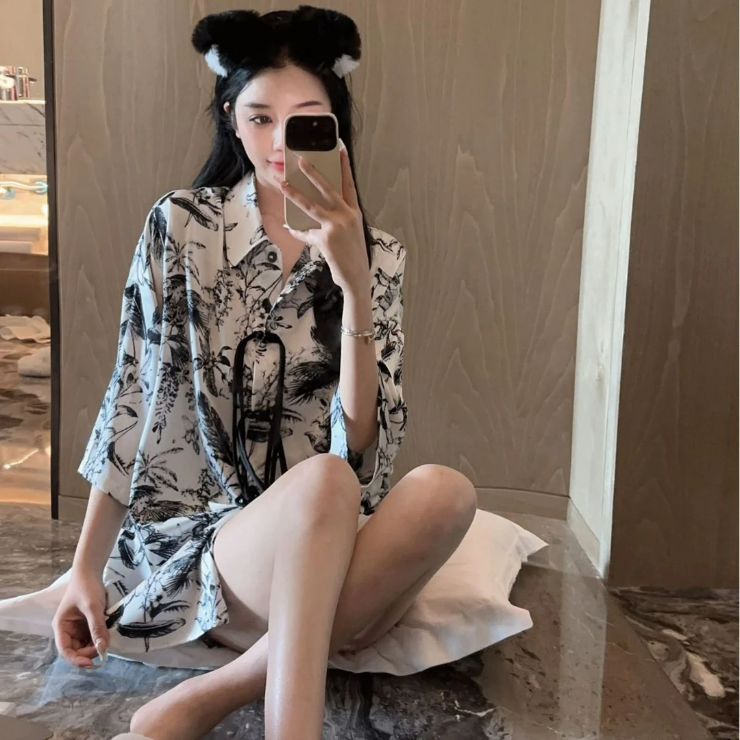 夏季水墨风冰丝睡衣女简约国风翻领7分袖短裤套装春秋薄款家居服