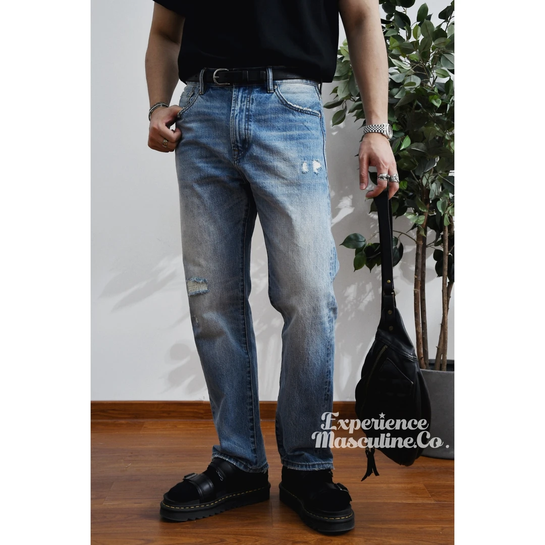 柴米14oz重水洗破坏浅蓝色赤耳高端小直筒男士牛仔裤复古牛仔裤