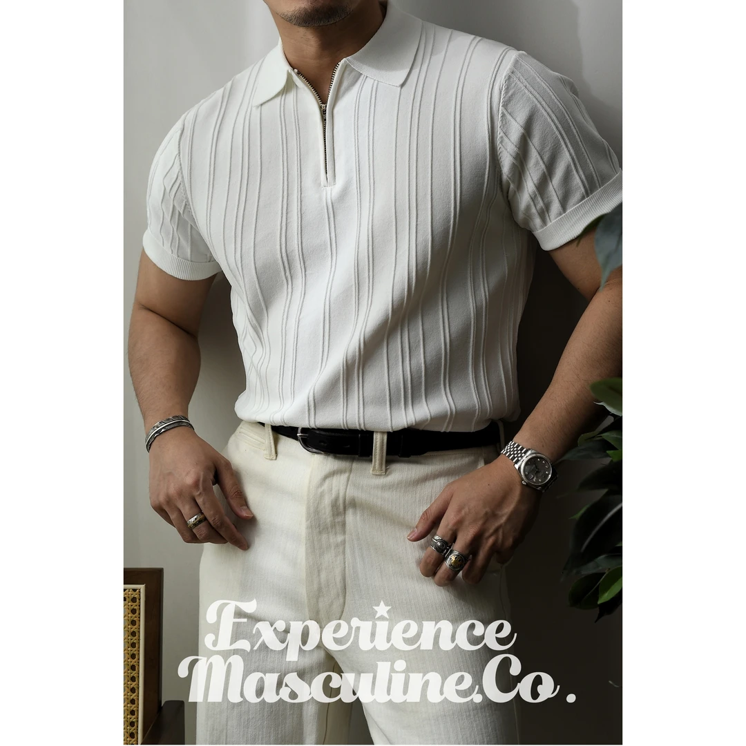 柴米冰麻拉链针织男短袖POLO衫修身优雅通勤咔叽老钱风轻奢男士