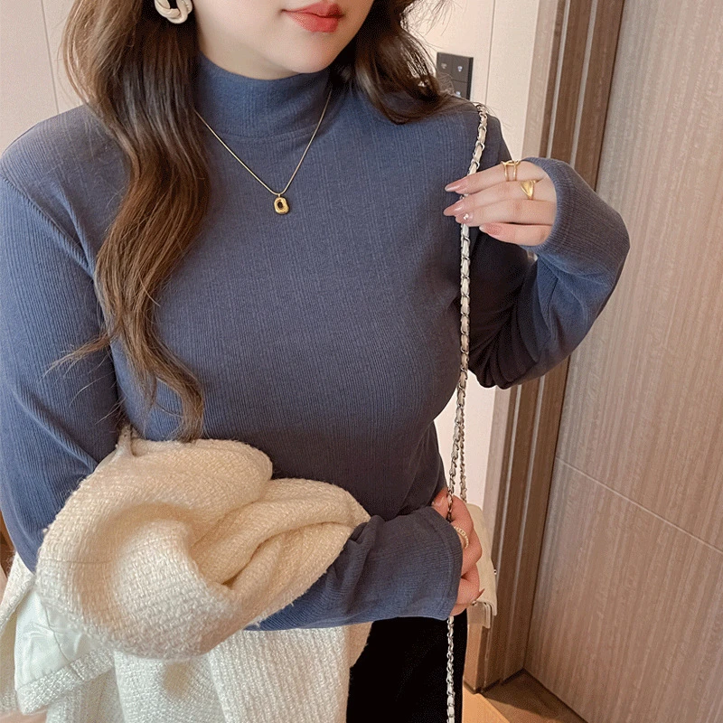 秋冬季大码女装半高领打底衫洋气内搭高级感德绒长袖t恤上衣纯色