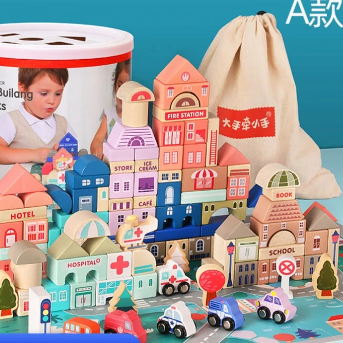 MuWanZi/木丸子儿童木制积木马卡龙城市幻彩拼装大颗粒桶装玩具