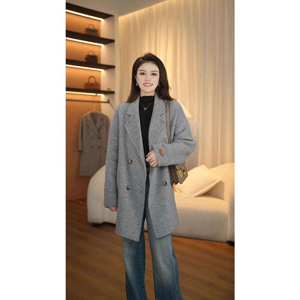 双十一专属W 短款2024秋冬双面毛呢大衣气质四粒扣长毛女大衣短款