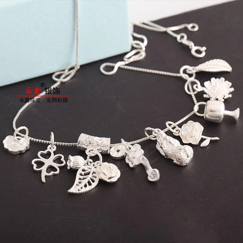 吊坠足银 999纯银女貔貅如意小酒杯葫芦花朵红绳DIY银饰配件挂坠