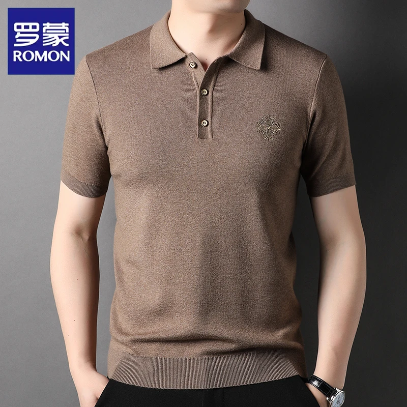 罗蒙冬季加厚针织短袖男士T恤潮流刺绣半袖毛衣大码保暖上衣