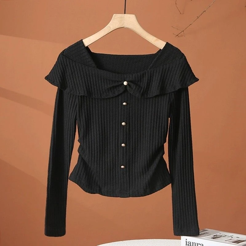 法式绝美一字肩上衣t恤2024新款女早秋季独特别致漂亮长袖针织衫