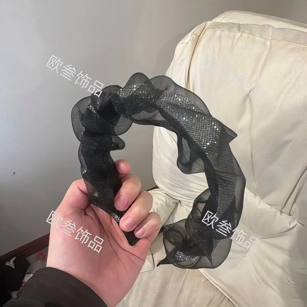 fk055钻钻纱褶皱增高颅顶发箍气质百搭黑色复古网纱时尚简约新款
