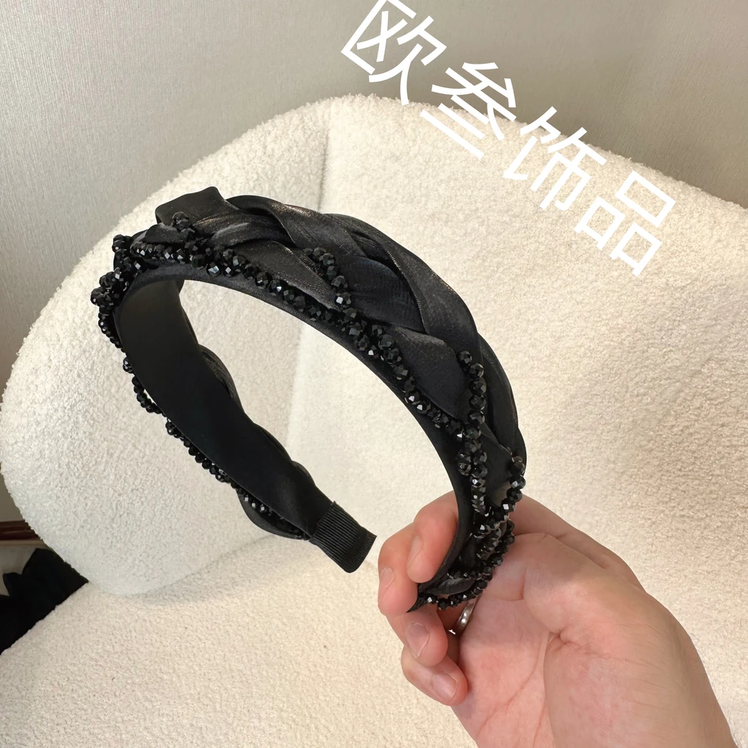 fk363【格芙发箍】黑色轻奢高级感水晶编织头箍经典时尚气质发饰