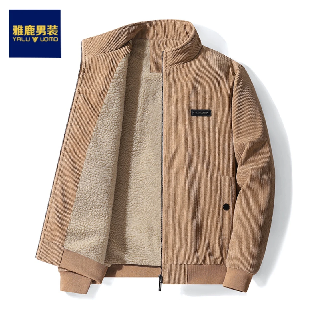 雅鹿男装秋冬季外套男羊羔绒加绒加厚灯芯绒休闲中老年保暖棉衣男