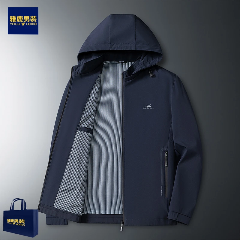 雅鹿男装秋季连帽男士夹克防风拉链户外外套中年爸爸装春秋款上衣