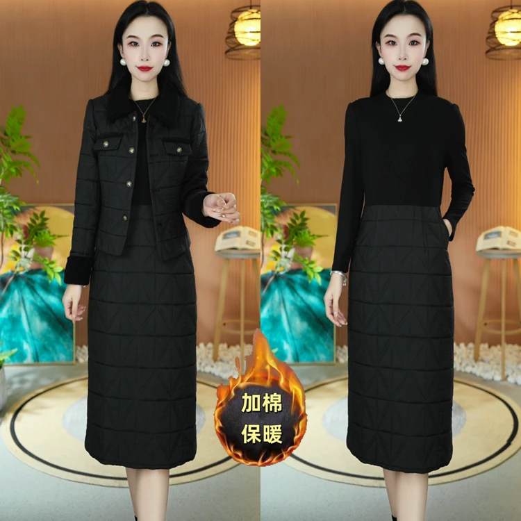 8870[外套+连衣裙]加厚夹棉一字领两件套裙时尚气质显瘦保暖套装