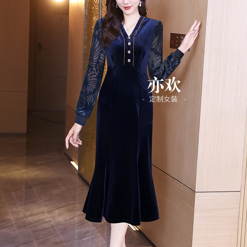 2024连衣裙女气质修身高端包臀裙蓝色大气一步裙新款长袖92111