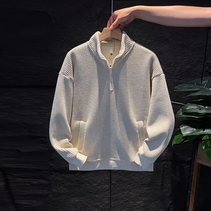 立领半拉链针织卫衣男士春秋时尚肌理感纯色套头上衣休闲宽松外套