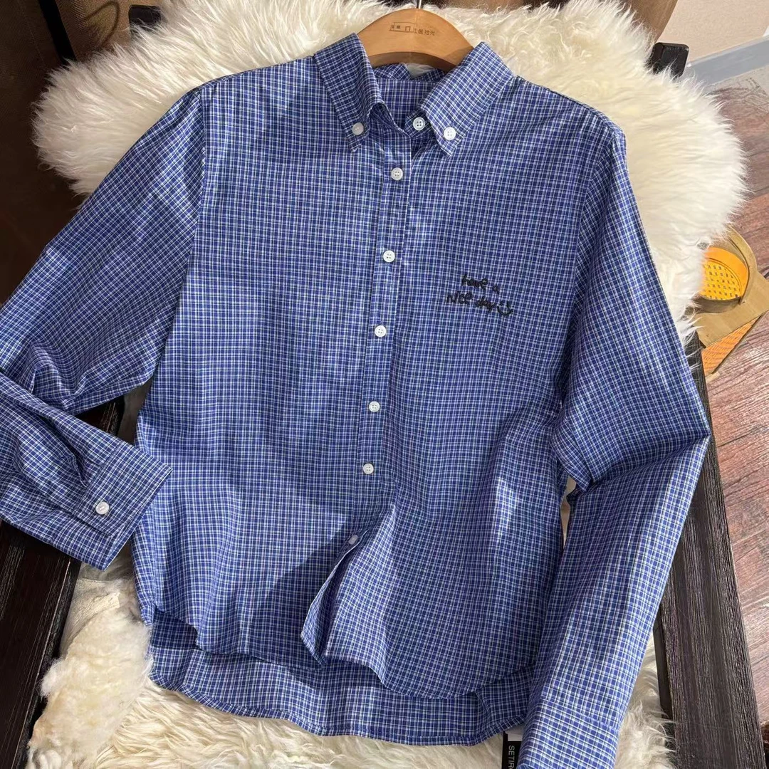 西町村屋简约休闲百搭格纹字母刺绣格子村衣女装衬衫XH9D10182