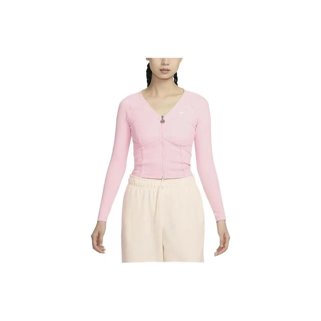 Nike耐克粉色logo徽标V领训练休闲长袖T恤女款粉色 HF1133631 *TJ