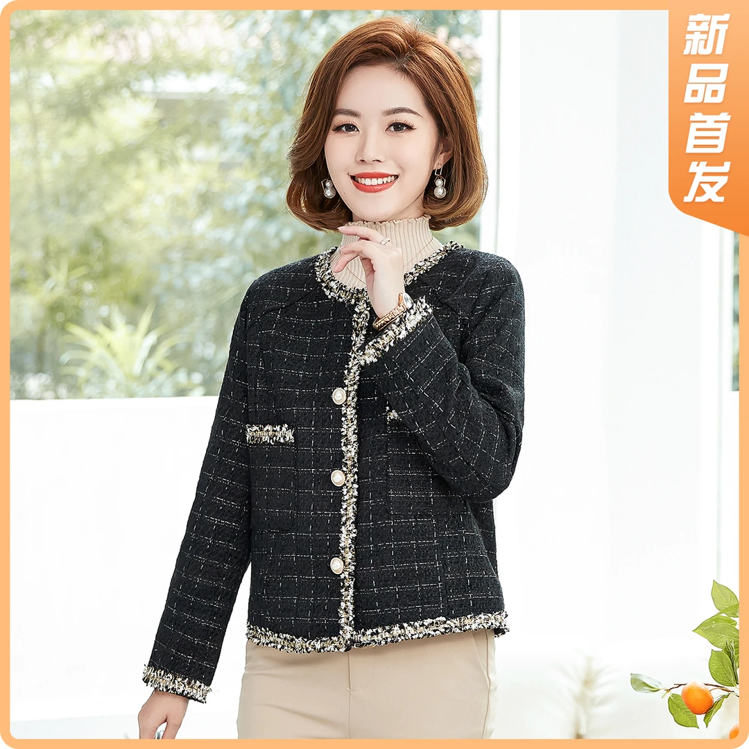 【复古小香风】春新款气质名媛粗花呢毛须边贴袋宽松短外套女