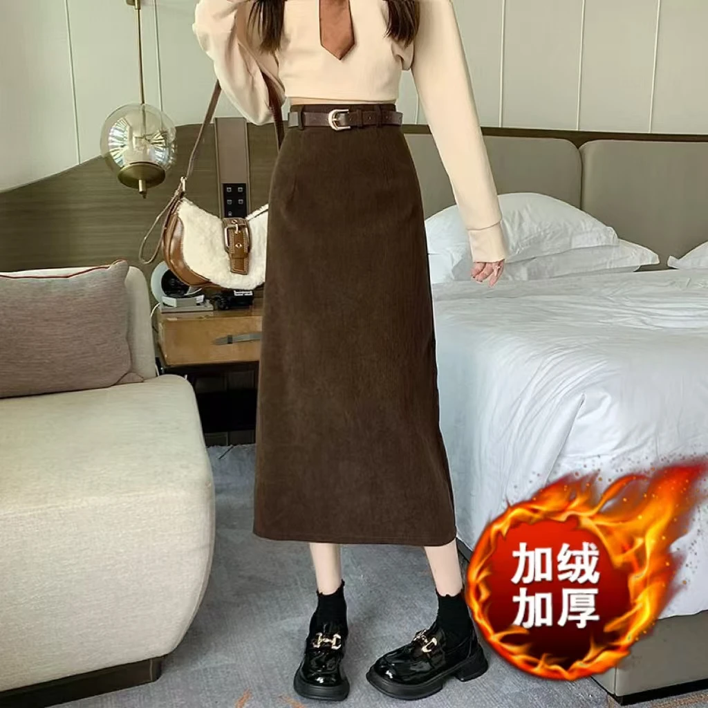 【赠送皮带】法式中长新款灯芯绒a字半身裙高腰秋冬显瘦遮胯一步裙