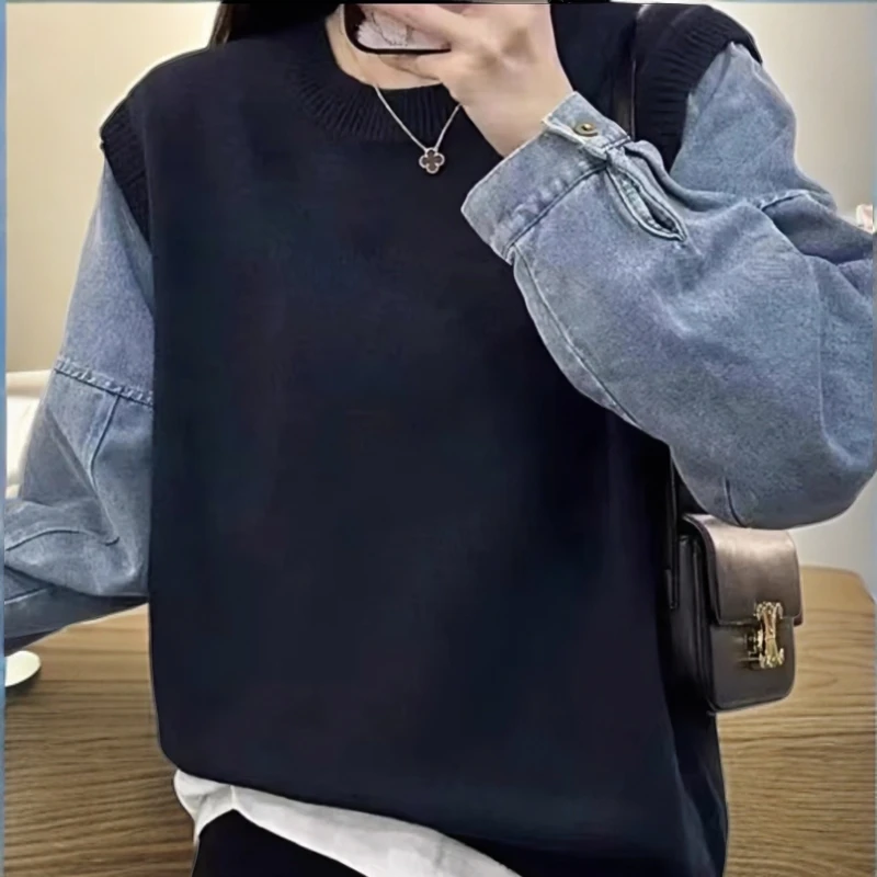 1006牛仔袖拼接假两件毛衣女秋冬新款时尚卡通宽松针织衫春秋上衣